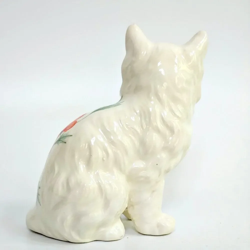 Vintage White Longhair Cat Figurine | Hand Painted Floral Ceramic Kitty Statue